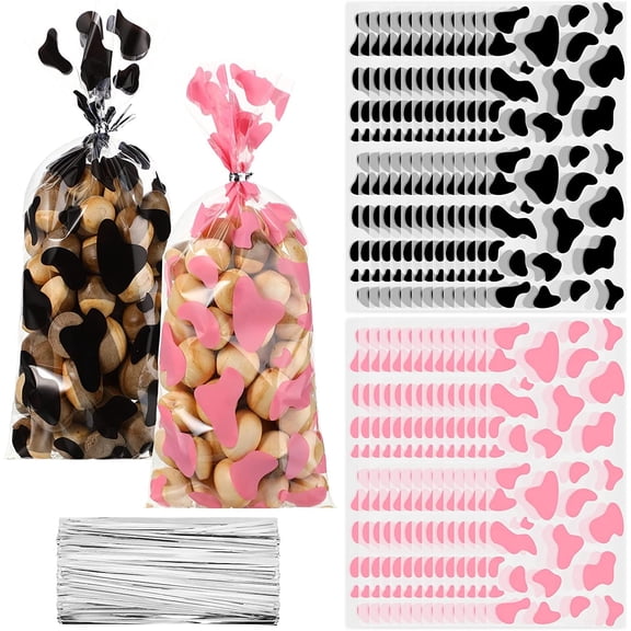 YANTONG 100 Pcs Cow Print Goodie Bags Cellophane Treat Gift Bags with Twist Ties for Cow Theme Birthday Party Favors Baby Shower Cowgirl Cowboy Party Supplies
