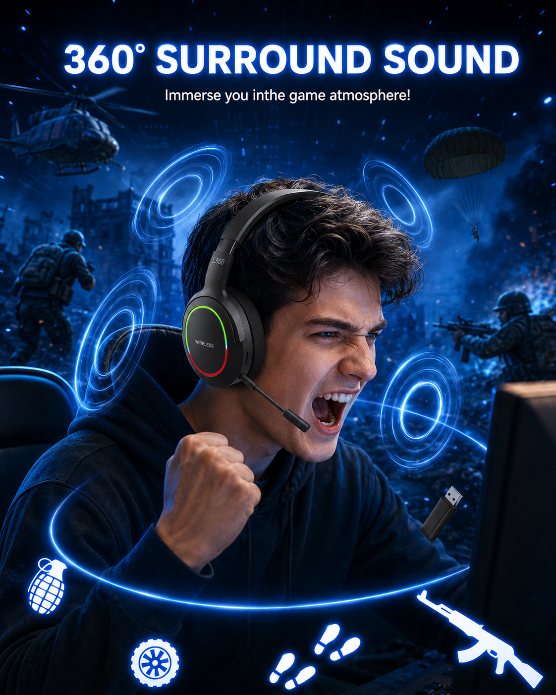 ETEPEHI L800 Wireless Gaming Headset, 100-Hour Battery photo 7