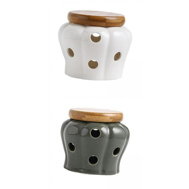 2 Ceramic Garlic Holders Garlic Jars Vented with Lids White Green