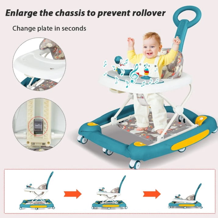 LHUAI 6-in-1 Baby Walker With Wheels, Bouncer, Removable Footrest, Feeding Tray & Music, Foldable & Adjustable Activity Walker For Boys And Girls, Toddler Infant, Green
