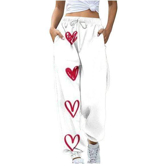 Honeeladyy Sweatpants for Women Heart Print Sweatpants Casual Drawstring Elastic Waist Pants with Pocket Gift for Wife White XXL