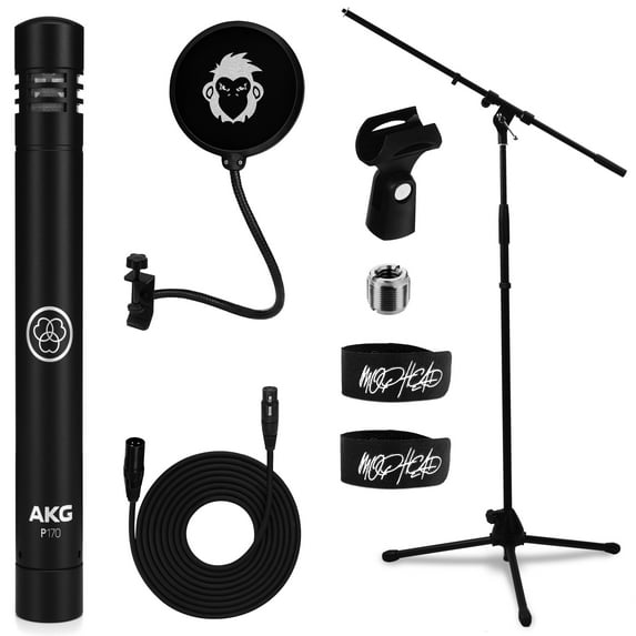 AKG P170 Small-Diaphragm Condenser Microphone Bundle with Mophead 66" Microphone Stand with Boom, Mophead 10' XLR Cable, Mophead Pop Filter, Cable Ties and Mic Clip Adapter