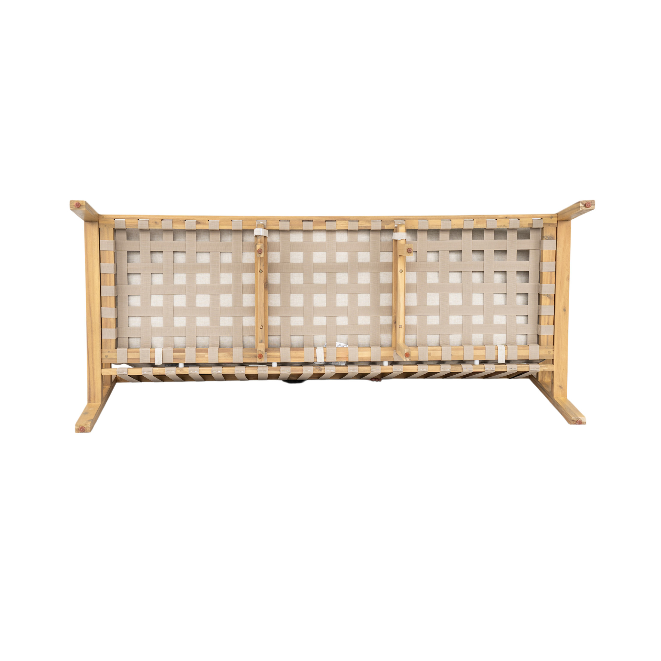 Christopher Knight Home 3-Seat Patio Outdoor Sofa with Cushions, Woven Strap Back, Acacia Wood Frame, Light Teak+Beige