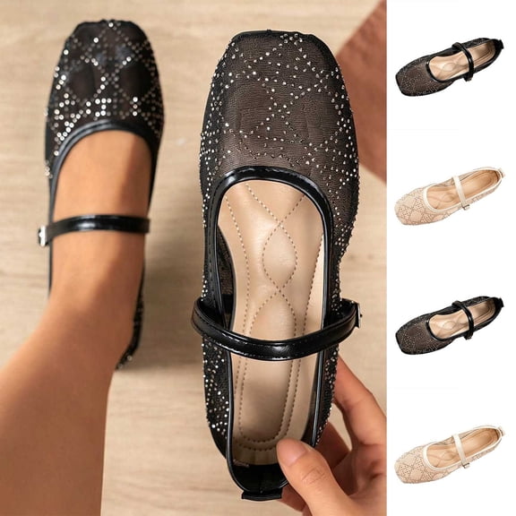 RoamHome Women's Mary Jane Ballet Flats Rhinestone Square Toe Comfortable Slip-On Adjustable Casual Dressy Flat Shoes for Daily Work Party
