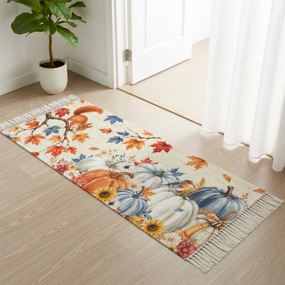 Thanksgiving Pumpkin Flower Leaf Boho Hallway Runner Rug 2x4ft, Kitchen Runner Rug Tassel Rugs, Farmhouse Squirrel Botanical Area Rugs Floor Carpet for Living Room Bedroom Entryway
