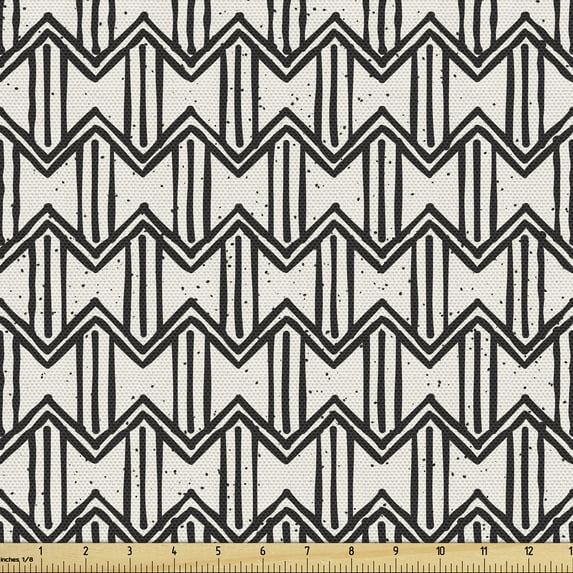 Abstract Sofa Upholstery Fabric by the Yard, Monochromatic Grunge Simplistic Pattern with Zigzag Motif with Lines, Decorative Fabric for DIY and Home Accents, Ivory and Charcoal Grey by Ambesonne