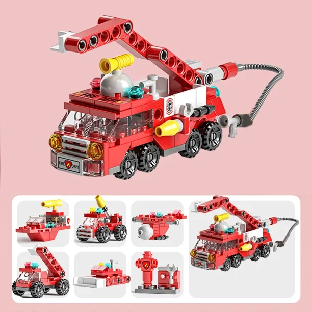 Bloques de construcción 6 en 1, ciudad, bomberos, coche, policía, camión, ingeniería, grúa, tanque, helicóptero, juego de ladrillos, juguetes para niños
