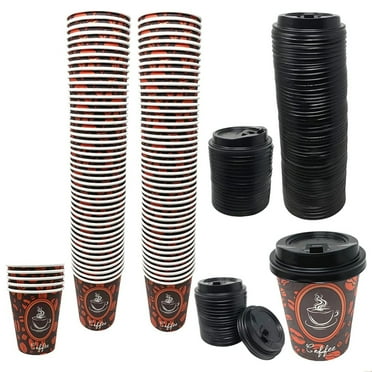 100 Count High Quality Disposable Paper Hot Coffee Cups with Lids, Perfect For Hot Drinks Tea & Coffee, Coffee Shops And Bars (8oz, Coffee Bean Design)