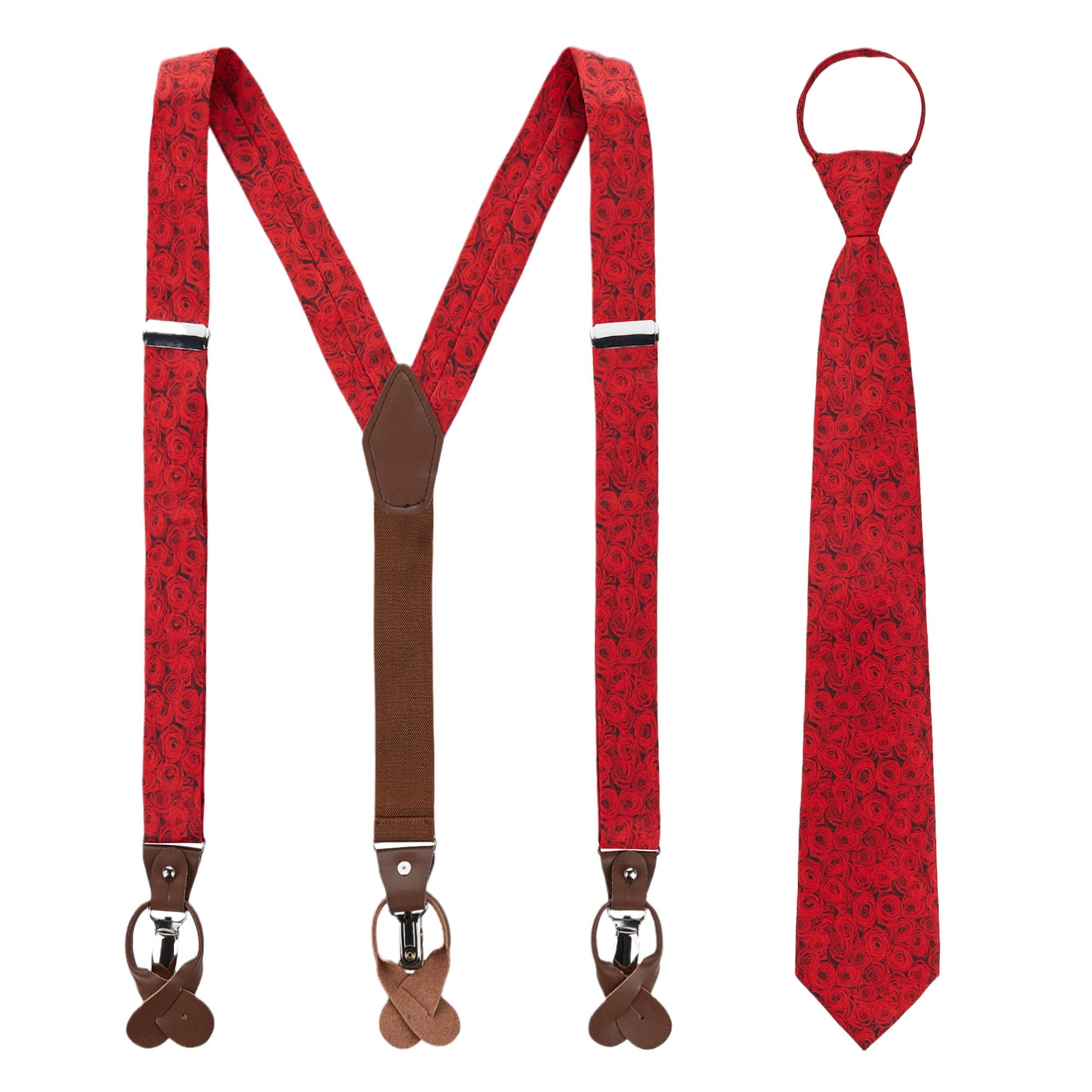 2 Piece Set Jacob Alexander Men's Happy Valentine's Day Red Floral Roses Pattern Suspenders and