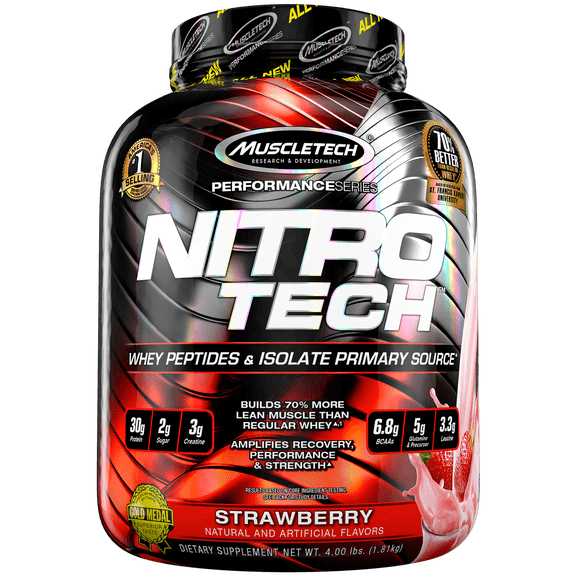 NitroTech Protein Powder Plus Muscle Builder, 100% Whey Protein with Whey Isolate, Strawberry, 40 Servings (4lbs)