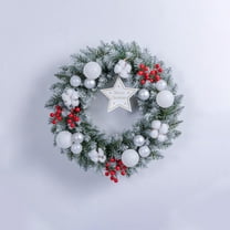 HCTSHG Christmas Snow Covered Wreath Door Hanging, Features Glitter Ornaments with Artificial Leaves and Berries, Holiday Hanging Decoration for Door, Wall, and Mantel