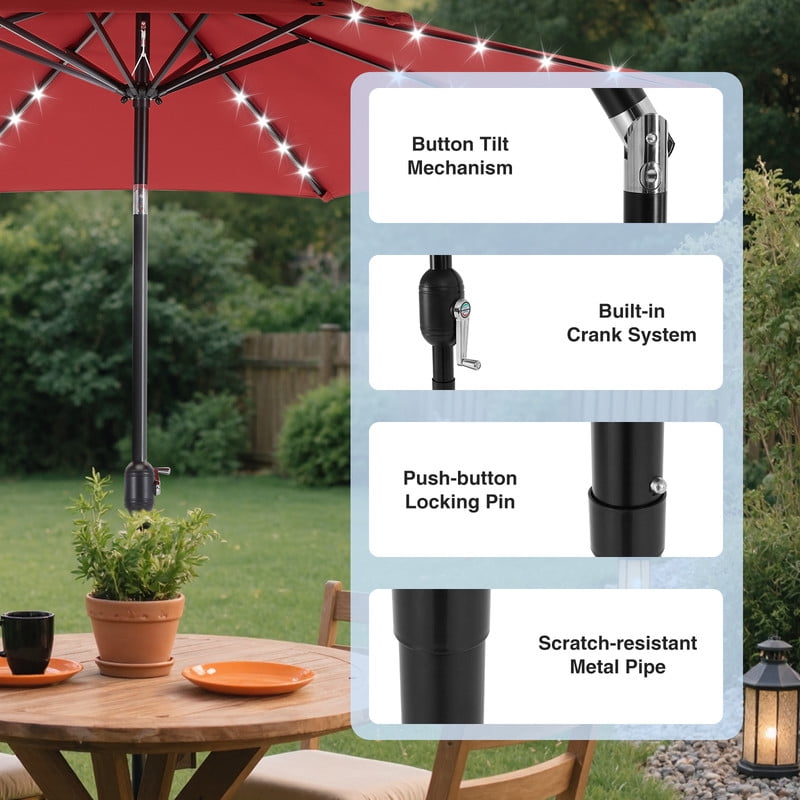 Gianna 10ft Solar Polyester 32 LED Lighted Patio Umbrella with Tilt Adjustment and UV-Resistant Fabric,Red