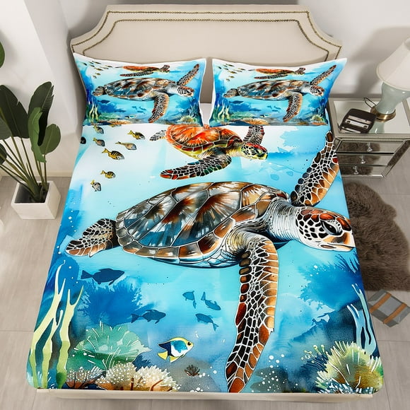 Erosebridal Sea Turtle Fitted Sheet Full for Kids,Ocean Life Sea Animal Bedding Set Coastal Bedroom Decor,Blue Marine Nautical Bed Set Underwater Creature Bottom Sheets Only (3Pcs)(No Top Sheet)