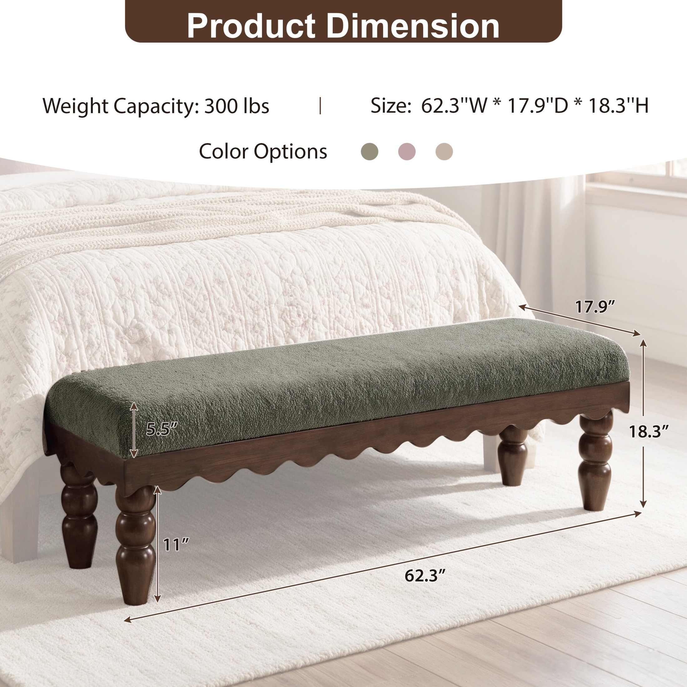 Christopher Knight Home Vintage Boucle Fabric Bench, Wave Trim Ottoman with Solid Wood Legs, Olive Green