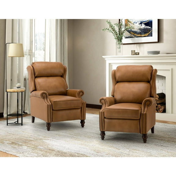 Genuine Leather Manual Recliner Set of 2, Wingback Push Back Recliner with Solid Wood Legs, Camel