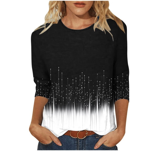 Jsaierl 3/4 Sleeve Tops for Women Summer Round Neck Shirts Boho Print Petite Blouses Flowy Elegant T-shirts Top S-3XL