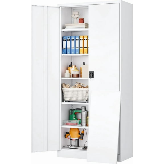 SISESOL Wide & Deep Metal Storage Storage Cabinet with 5 Adjustable Shelves,White Metal Cabinet with Lock,Steel Pantry Cabinets,72" Lockable Cabinets for Home,Office,Garage,Kitchen,Shop