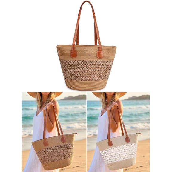 LAVA Women Straw Beach Bag Summer Boho Tote Bag Handbags Large Shoulder Purses Woven for Vacation (Khaki)