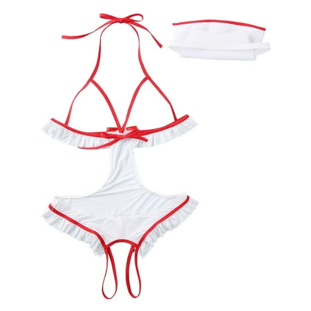

Quealent Lingerie Set For Women Women Snap Crotch Lingerie Lace Bodysuit Deep V Teddy One Piece Lace White XL