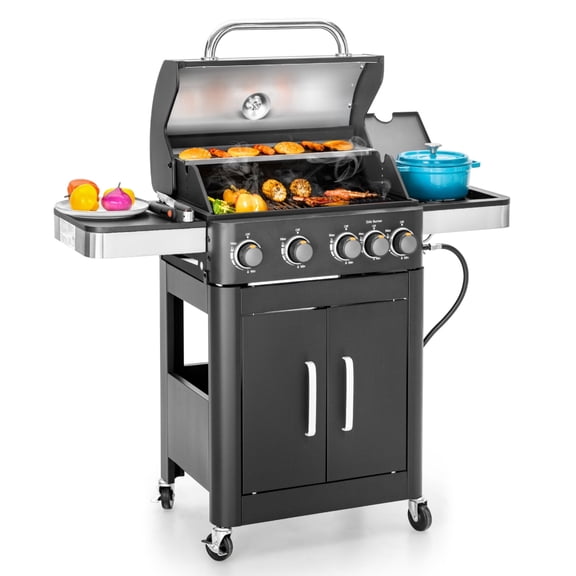 PHI VILLA 4 Burner Propane Gas Grill and Griddle Combo with Side Burner BBQ Grill - Black
