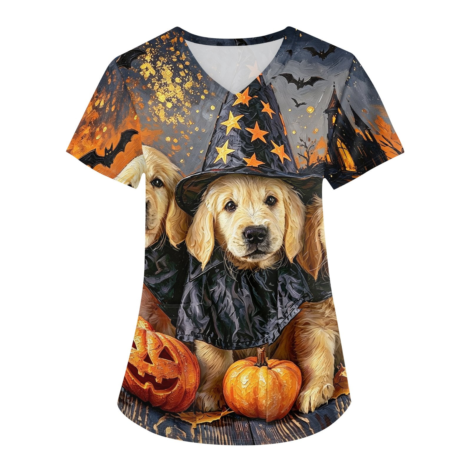 Halloween Cute Puppy in Pumpkin Scrub Top for Women, 1-Pc V-Neck Short Sleeve Medical Uniform with Double Pockets — Soft Polyester Nurse Workwear Fall Healthcare Fashion Black L