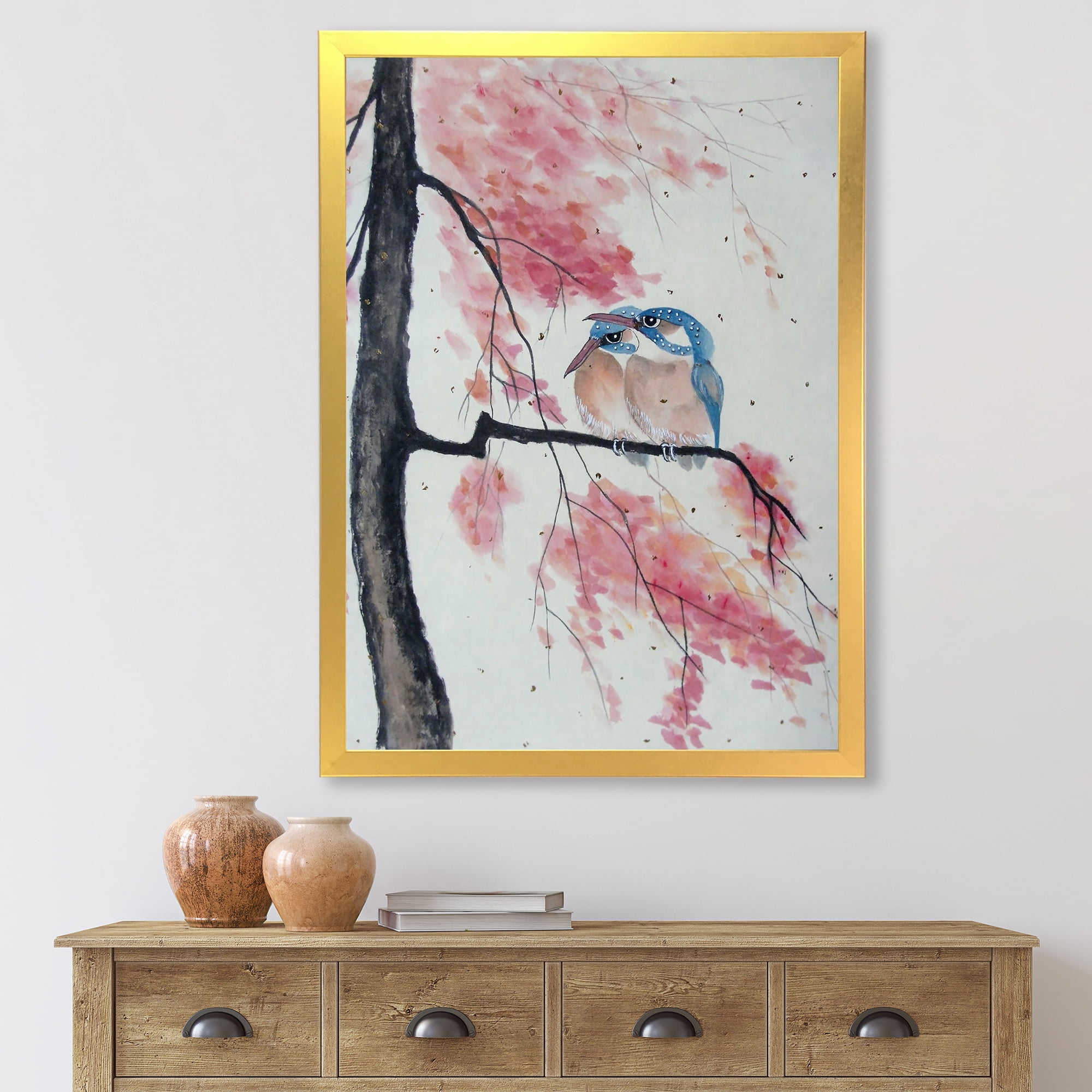 Two Blue Kingfisher Birds Sitting On A Flowering Branch 30 in x 40 in Framed Painting Canvas Art Print, by Designart