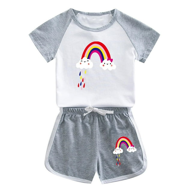 Odeerbi 1-12 Años Niños Niñas Conjuntos de Verano Estampado Algodón Manga Corta Raglan Camisas Pantalones Cortos Conjunto de Dos Piezas
