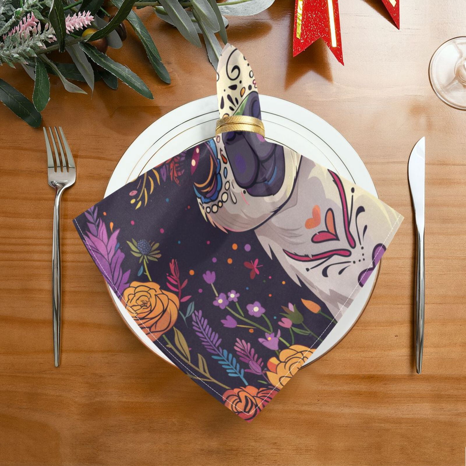 JSTEL Day Of The Dead Llama Alpaca Cloth Napkins Set of 6, 20x20 Inch Washable and Reusable Napkin for Decoupage Dinner Party Everyday Use