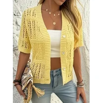 Women'S Lightweight Knit Cardigan - Elegant V-Neck, Short Sleeve, Solid Color, Medium Stretch, Regular Fit for Spring/Summer/Fall