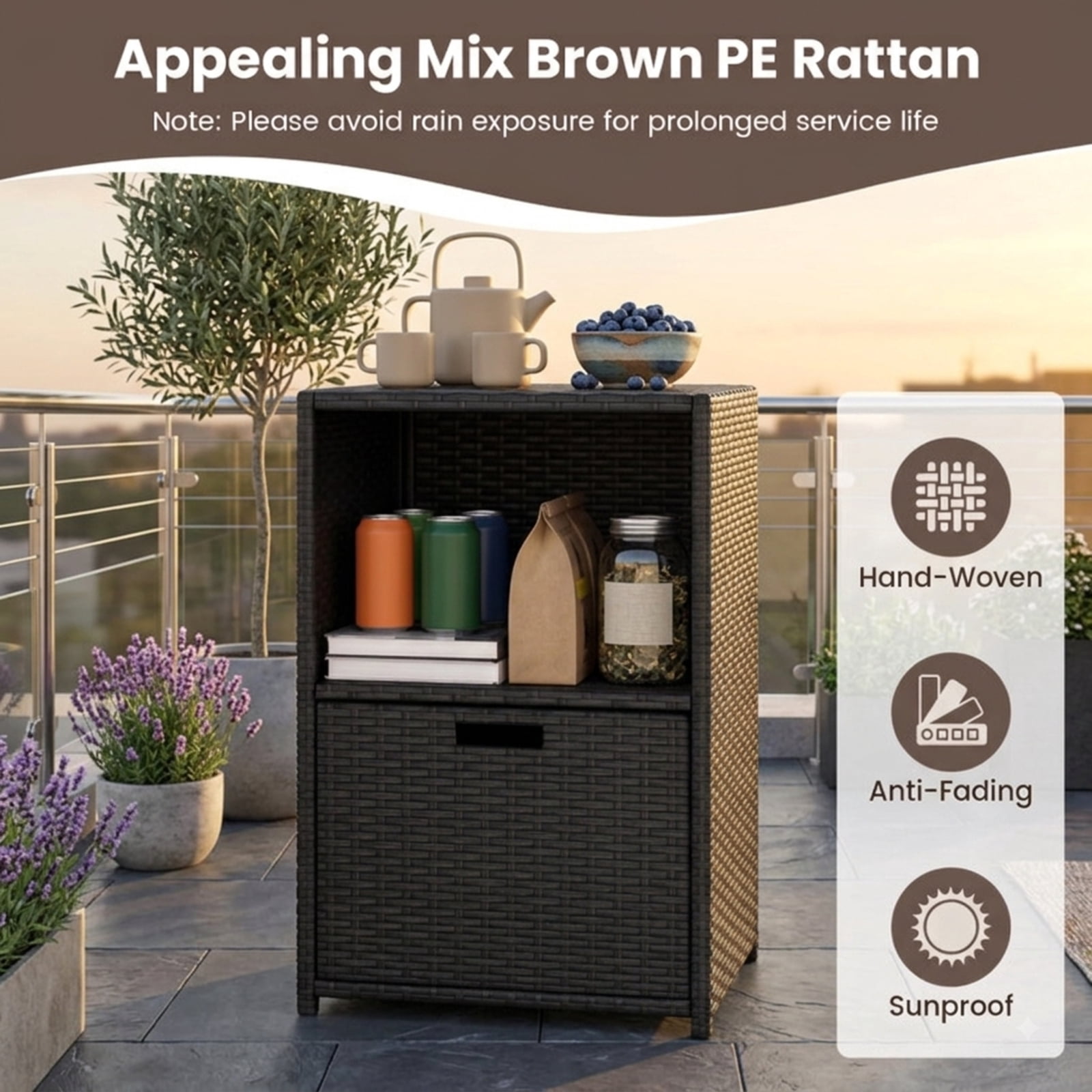 Biotree Outdoor Storage Cabinet with Drawer and 3 Shelves for Patio Porch Poolside Backyard, Mix Brown