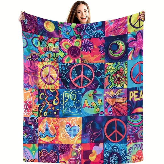 Soft Cozy Tie-Dye Peace Sign Throw Blanket - Vintage Multicolor (////) All-Season Fleece Bedspread, Bed & Sofa, for friends Gift, Digital Print Bedspread 280GSM