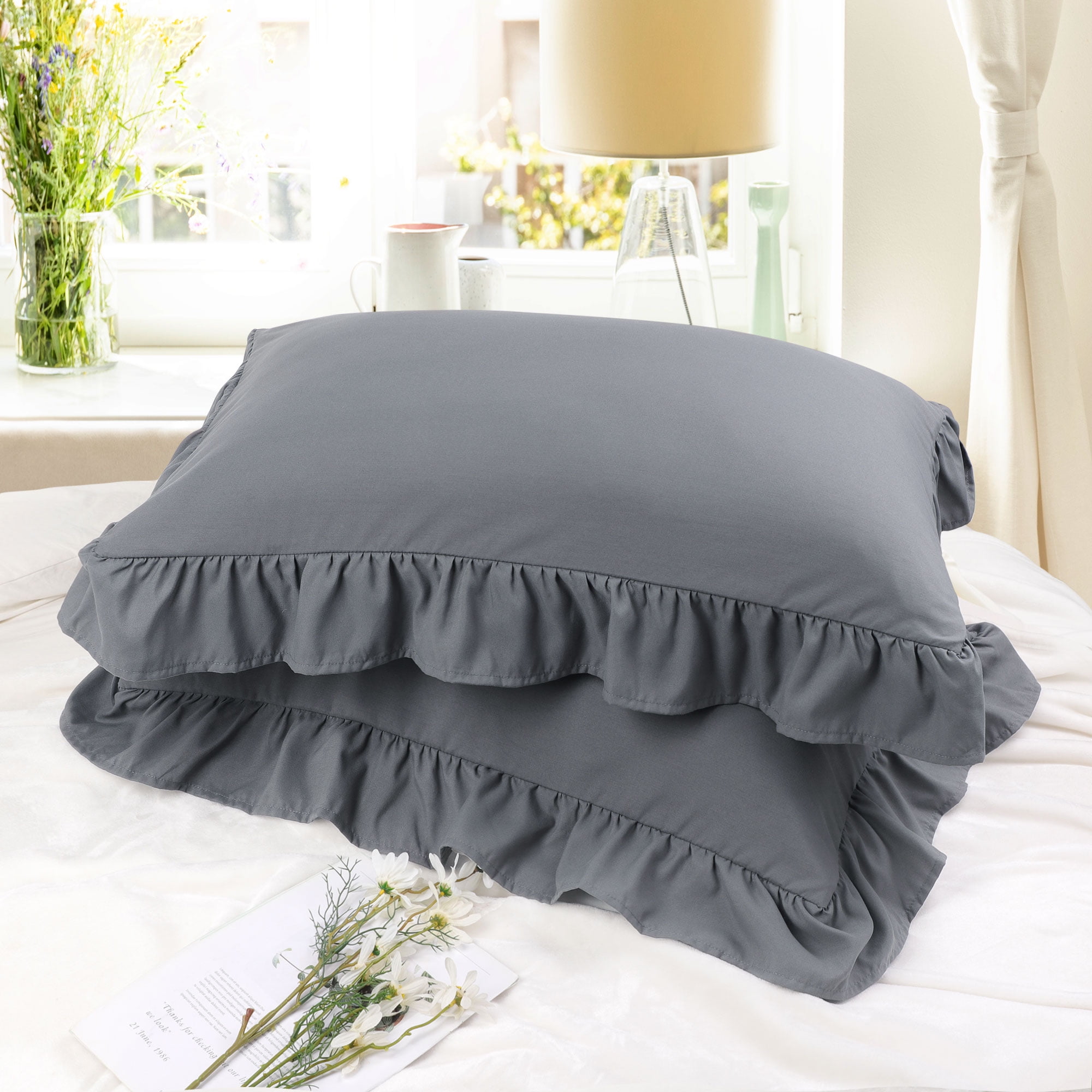 REGALWOVEN Ruffled Pillow Shams Set of 2, Soft Breathable Pillow Covers with Envelope Closure Dark Gray King