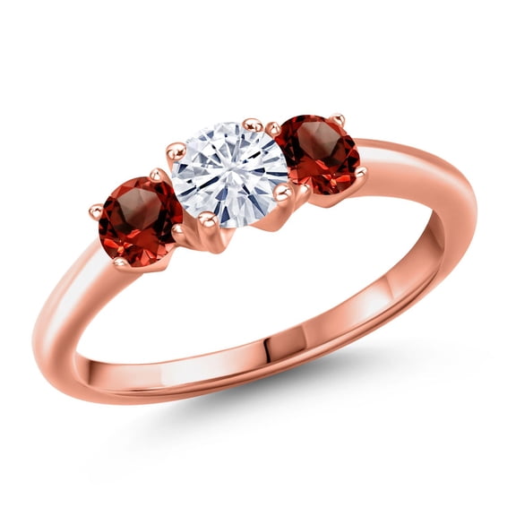 Gem Stone King 18K Rose Gold Plated Silver White Moissanite and Red Garnet Engagement Ring for Women | 1.24 Cttw | Round 5MM | Gemstone Birthstone | Size 5