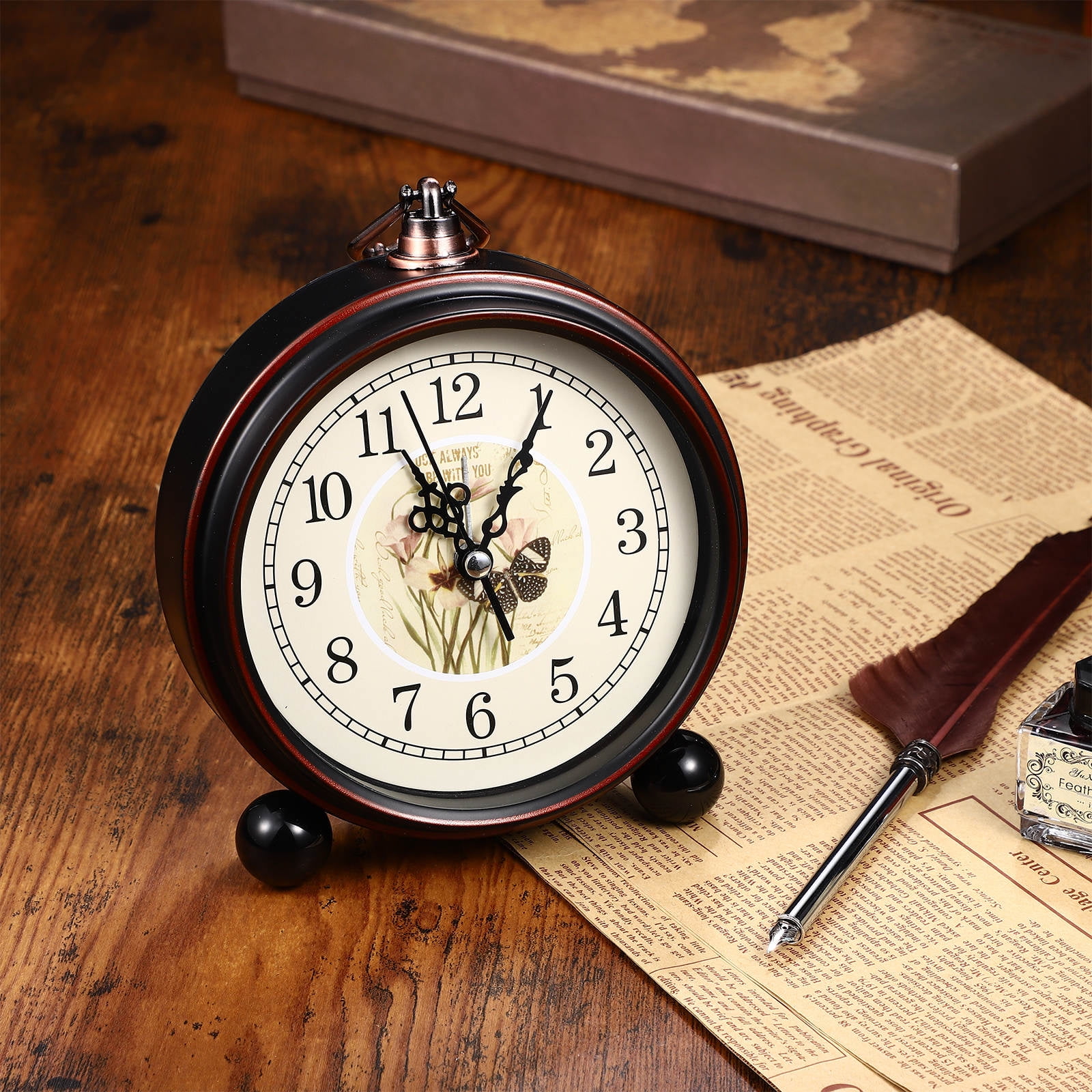 HONMEET Vintage Black Alarm Clock with Silent Sweep Movement, Tabletop Design and Convenient Hanging Hook