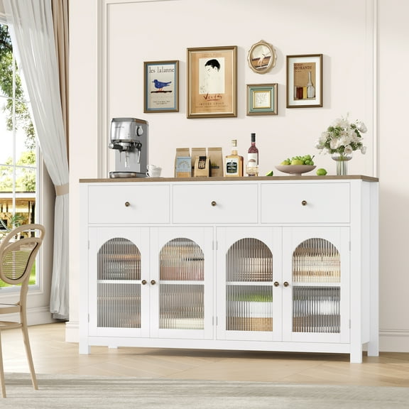 Homfa 55'' Large Sideboard Buffet Cabinet, Kitchen Storage Cabinet with 3 Drawers and 4 Glass Doors, Wood Coffee Bar Cabinet for Living Room, White