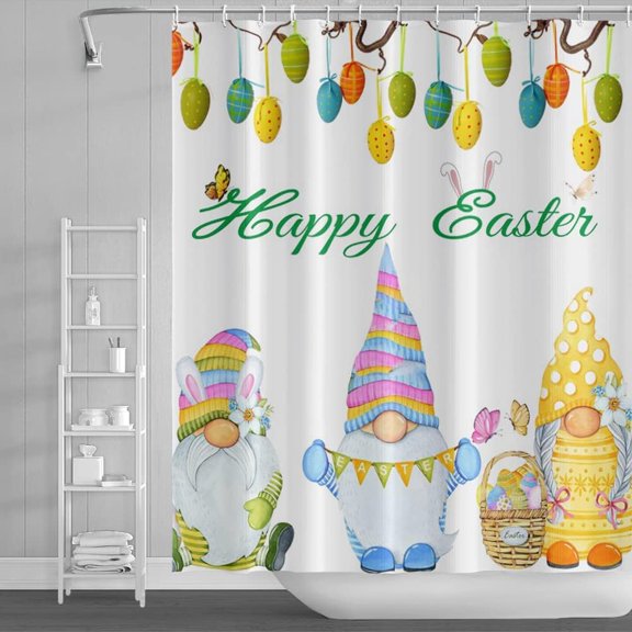 72x72inch Happy Easter Shower Curtain Set with Hooks Easter Cute Gnomes Bunny Ear Funny Hat Colorful Eggs on Tree Branches Waterproof Bath Curtain Spring Butterfly Kids Bathroom Decor