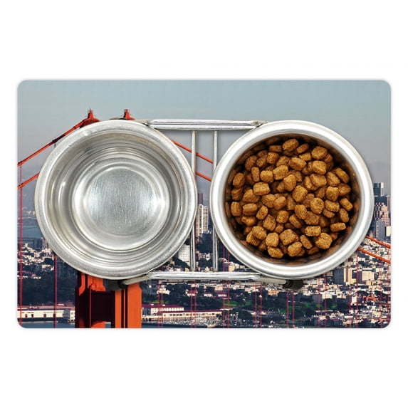 United States Pet Mat for Food and Water, San Francisco Bridge and Cityscape Metropolis Financial District, Non-Slip Rubber Mat for Dogs and Cats, 18" X 12", by Ambesonne