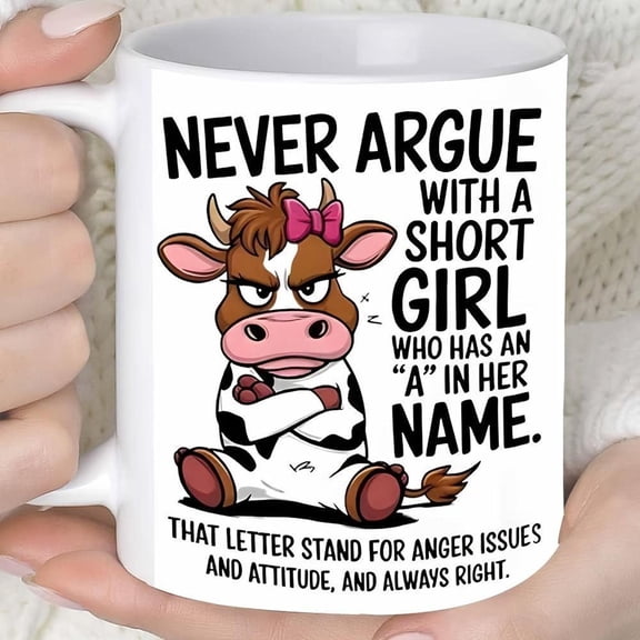 1pc Funny Cow Design Never Argue with a Short Girl Mug Pink Accent Lettering Reusable Coffee Tea Cup Women Best Friends with Humorous Quote Cow Illust