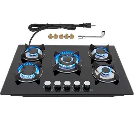 TYEMUI 30 Inch Gas Cooktop 5 Burners, Tempered Glass Built-in Gas Stove Top with Heavy-Duty Cast Iron Grates, NG/LPG Convertible Gas Hob for Kitchen, RV, Outdoor Cooking