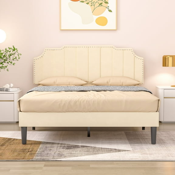 VECELO Queen Upholstered Platform Bed Frame, Height Adjustable Nailhead Trim Headboard, Easy Assembly/No Box Spring Required, Beige