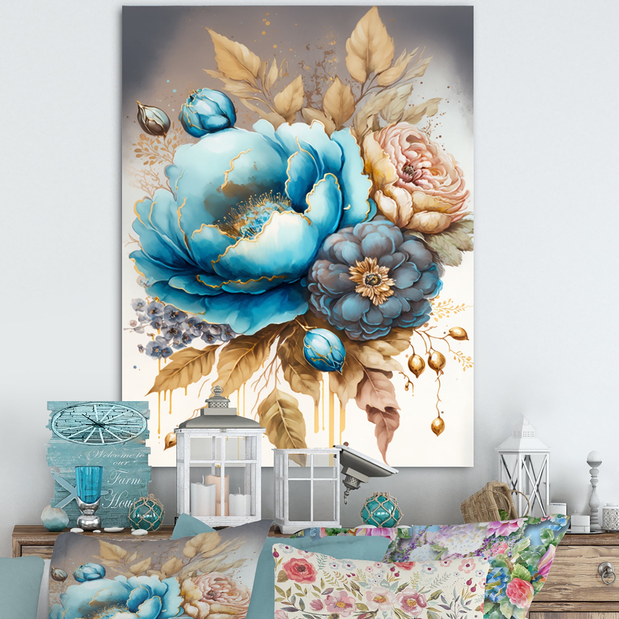 Designart Blue And Gold Mixed Floral Bouquet I Canvas Wall Art