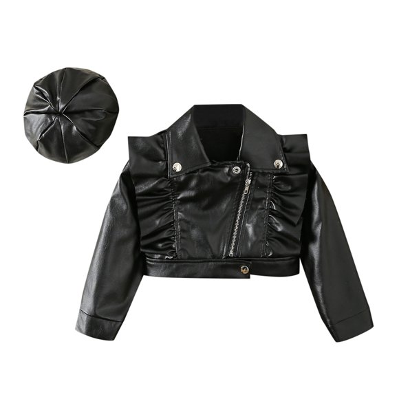 HBFAGFB Toddler Girls Leather Jacket Cute Ruffle Lapel Full-Zip Coat Fashion Clothing Black Size 120