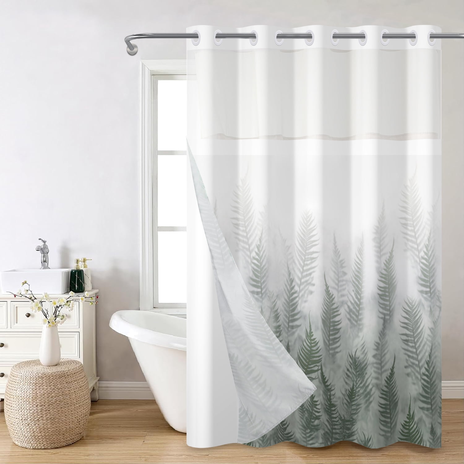 Mizhonag Grey and Green Hookless Shower Curtain with Snap in Liner Forest No Hook Waterproof Fabric Bathroom Curtain,71"× 74"