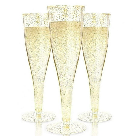 

10PCS Plastic Champagne Flutes | Disposable Champagne Flute | Gold Glitter Plastic Champagne Glasses for Parties - Mimosa Bar Events Wedding and Shower Party Supplies