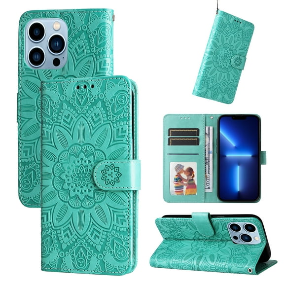 Dteck Wallet Case for iPhone 13 Pro Embossed Sunflower Pattern PU Leather Case with Card Slots Lanyard Shockproof Protective Cover For iPhone 13 Pro 6.1 inch,Green