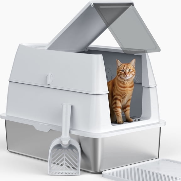 XL Extra Large Stainless Steel Litter Box with Lid, Metal Cat Litter Boxes for Big Cats Enclosed, Metal Litter Box with Litter Scoop Set, Non-Sticky, Anti-Urine Leakage, 24"*16"*18", Silver Gary