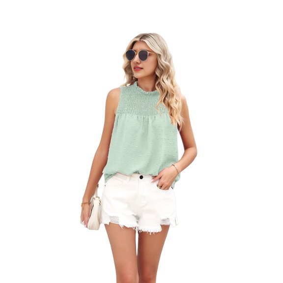 Womens Ruffle Neck Tank Tops Shirred Frill Dot Sleeveless Blouse Shirts Bean green S