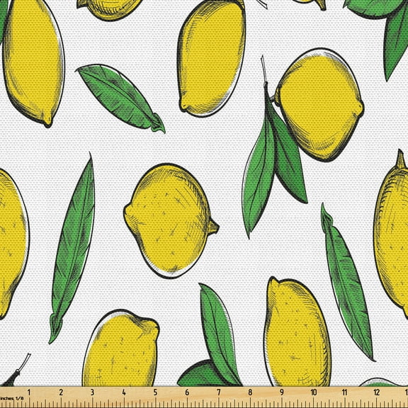 Ambesonne Leaves Fabric by the Yard Upholstery, Lemons Summer Citrus Motif, 3 Yards, Fern Green Mustard and White
