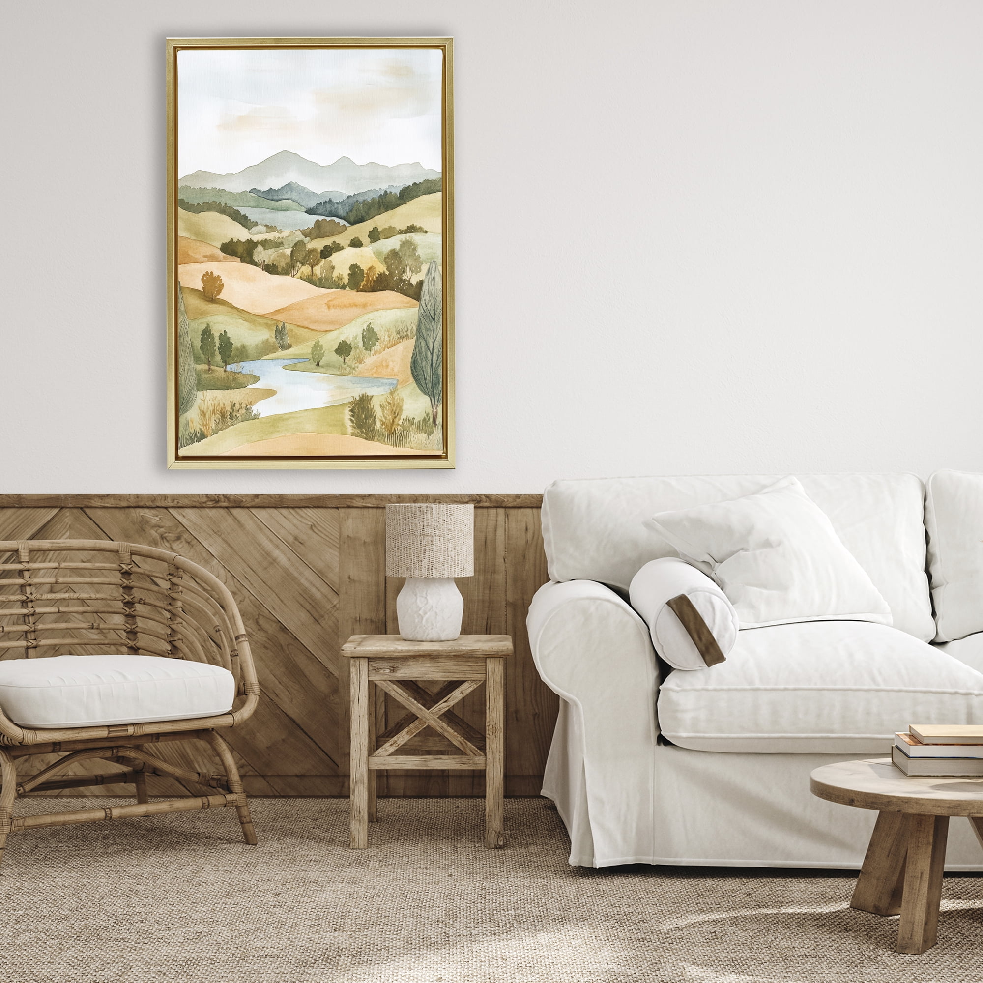 Stupell Industries Watercolor Hills & Tranquil Valley Gold Framed Floater Canvas Wall Art, design by Petal Prints Design