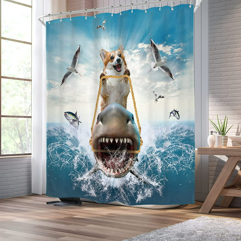 Sonernt Funny Dog Corgi Shower Curtain Riding Shark 72wx72h Inch Ocean Sea Waves Seagull Fish Cool Animal Surfing Blue Cute Kids Waterproof Polyester Fabric Bathroom Bathtub Com